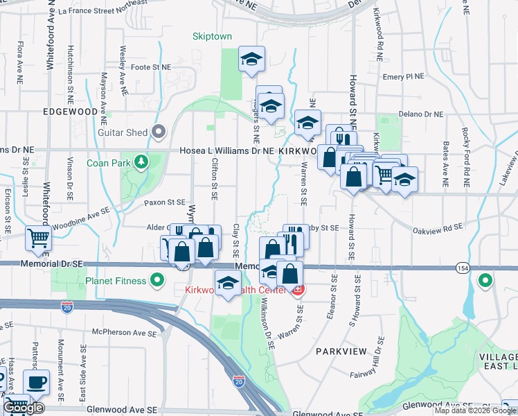 map of restaurants, bars, coffee shops, grocery stores, and more near 106 Rogers Street Southeast in Atlanta