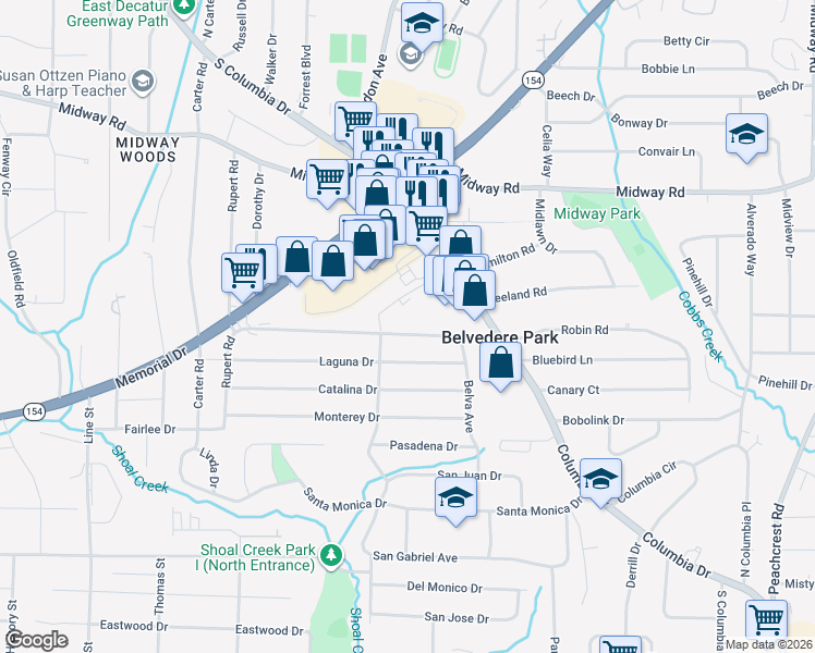 map of restaurants, bars, coffee shops, grocery stores, and more near 3005 Belvedere Lane in Decatur