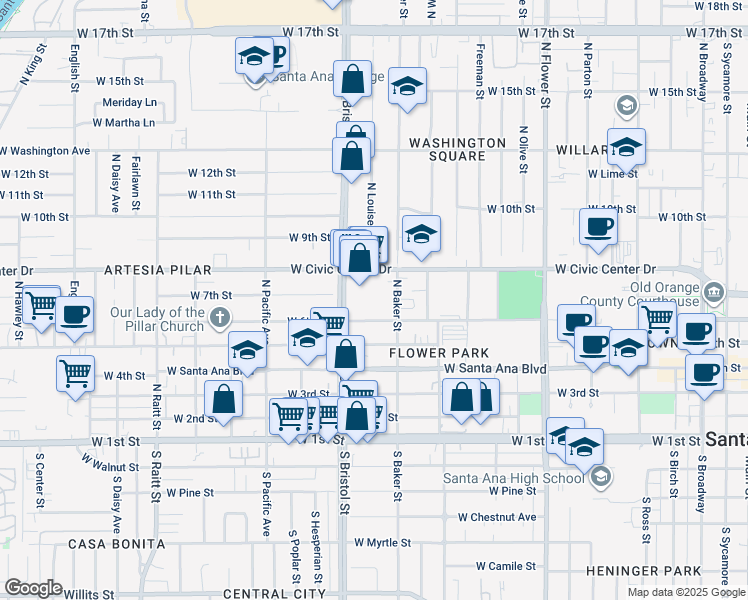map of restaurants, bars, coffee shops, grocery stores, and more near 611 North Bristol Street in Santa Ana