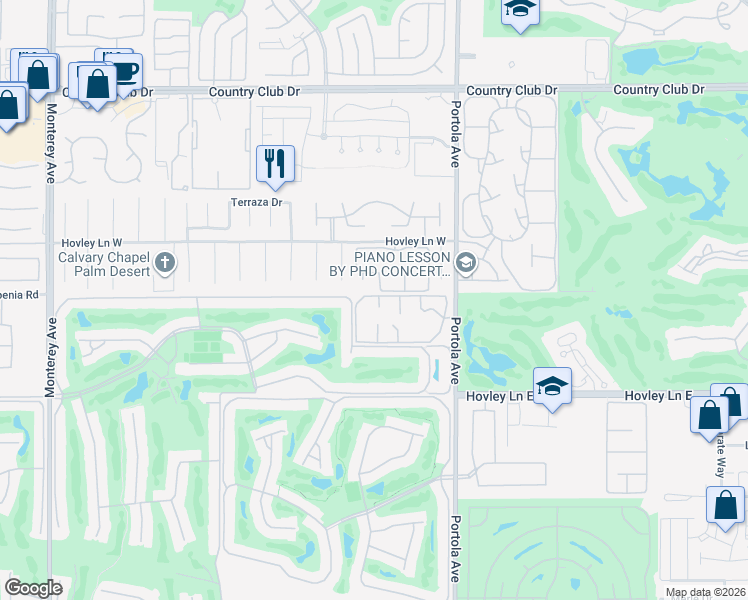 map of restaurants, bars, coffee shops, grocery stores, and more near 407 Pebble Creek Lane in Palm Desert