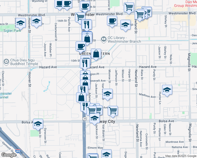 map of restaurants, bars, coffee shops, grocery stores, and more near 8125 Roosevelt Avenue in Midway City
