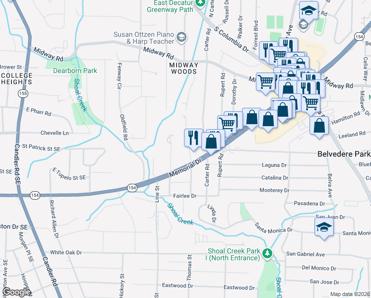 map of restaurants, bars, coffee shops, grocery stores, and more near 1481 Thomas Road in Decatur