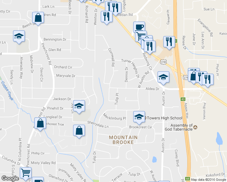 map of restaurants, bars, coffee shops, grocery stores, and more near 3645 Aldea Drive in Decatur