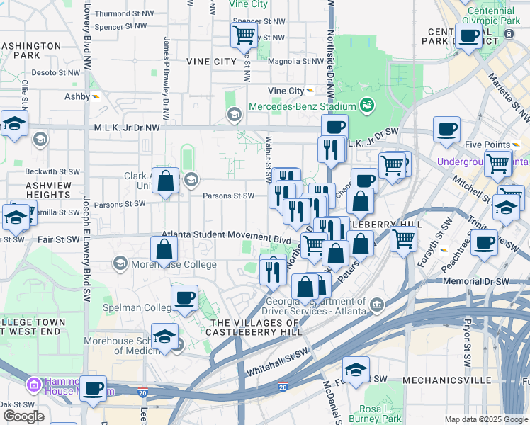 map of restaurants, bars, coffee shops, grocery stores, and more near 149 Walnut Street Southwest in Atlanta