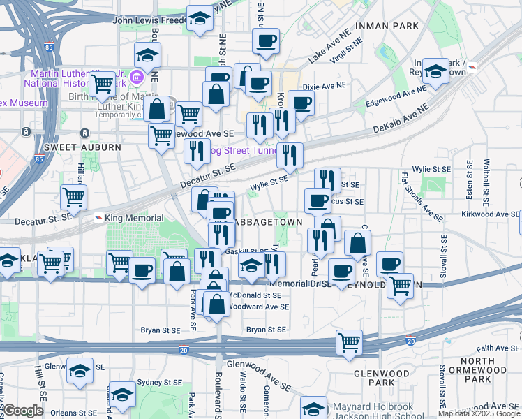 map of restaurants, bars, coffee shops, grocery stores, and more near 668 Kirkwood Avenue Southeast in Atlanta