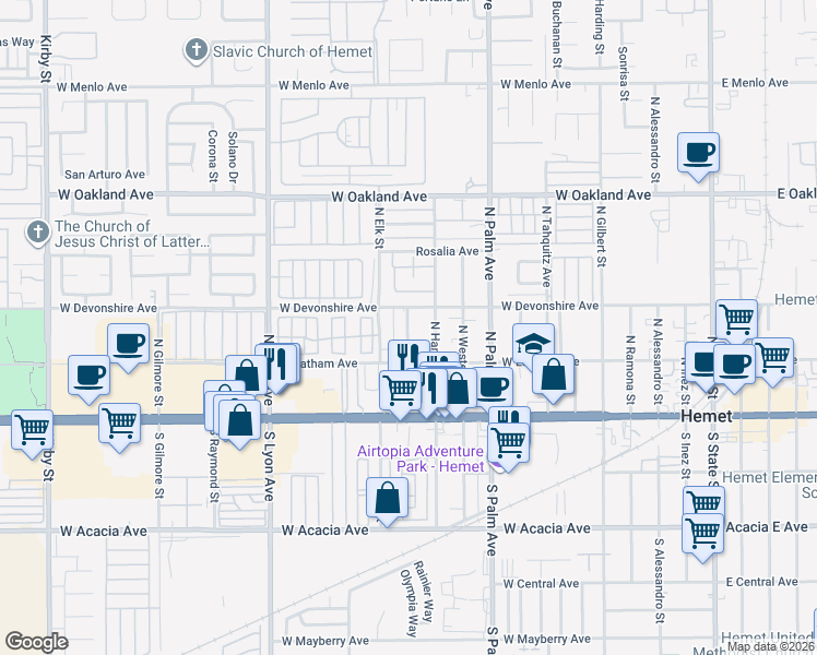 map of restaurants, bars, coffee shops, grocery stores, and more near 262 Valley View Drive in Hemet