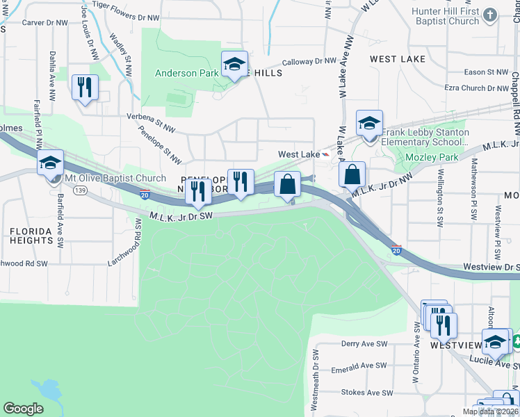 map of restaurants, bars, coffee shops, grocery stores, and more near 1900 Martin Luther King Junior Drive Southwest in Atlanta