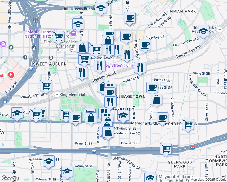 map of restaurants, bars, coffee shops, grocery stores, and more near 151 Savannah Street Southeast in Atlanta