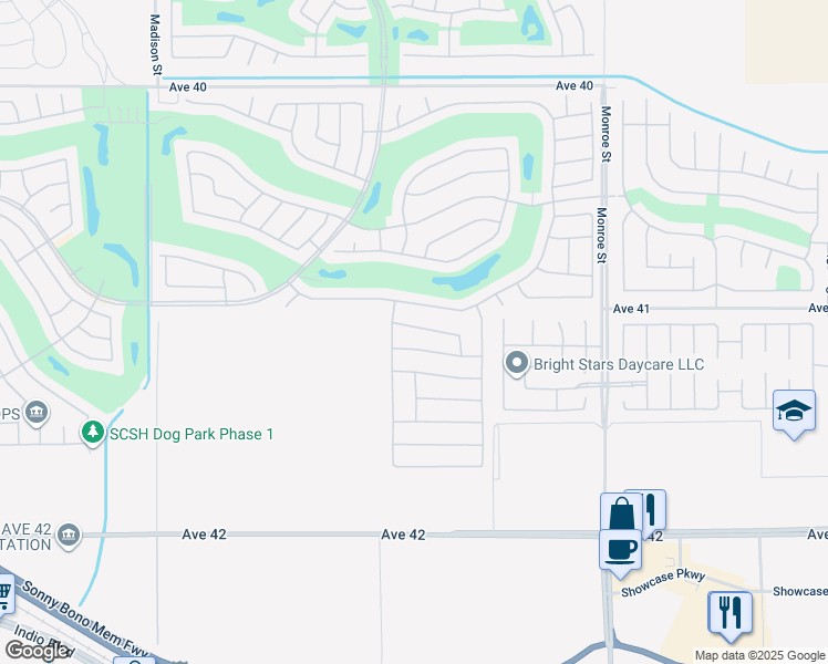 map of restaurants, bars, coffee shops, grocery stores, and more near 81579 Avenida Contento in Indio