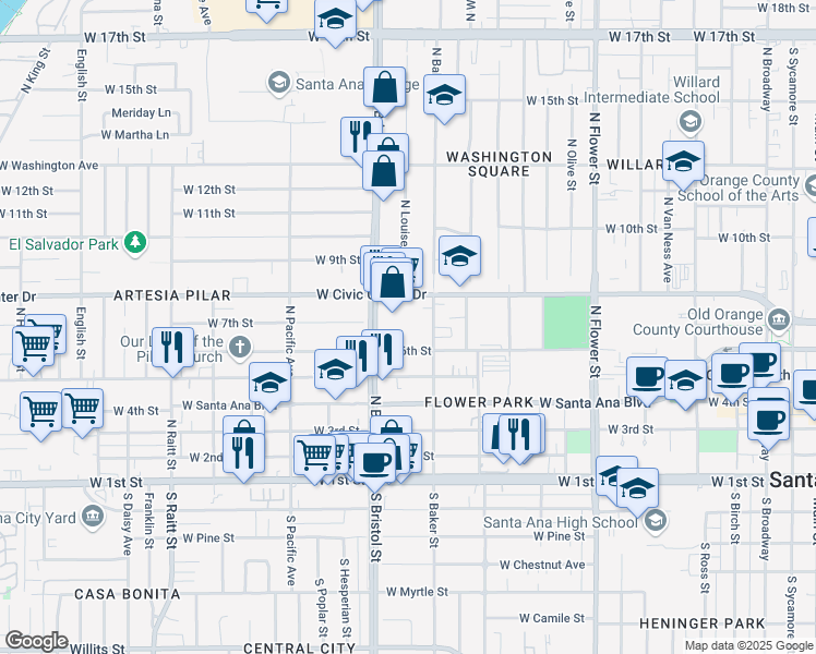 map of restaurants, bars, coffee shops, grocery stores, and more near 635 North Bristol Street in Santa Ana