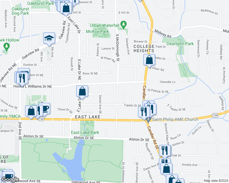 map of restaurants, bars, coffee shops, grocery stores, and more near 2762 Arbor Avenue Southeast in Atlanta