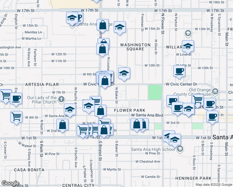 map of restaurants, bars, coffee shops, grocery stores, and more near 639 North Bristol Street in Santa Ana