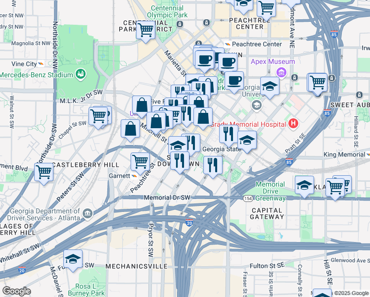 map of restaurants, bars, coffee shops, grocery stores, and more near 160 Pryor Street Southwest in Atlanta