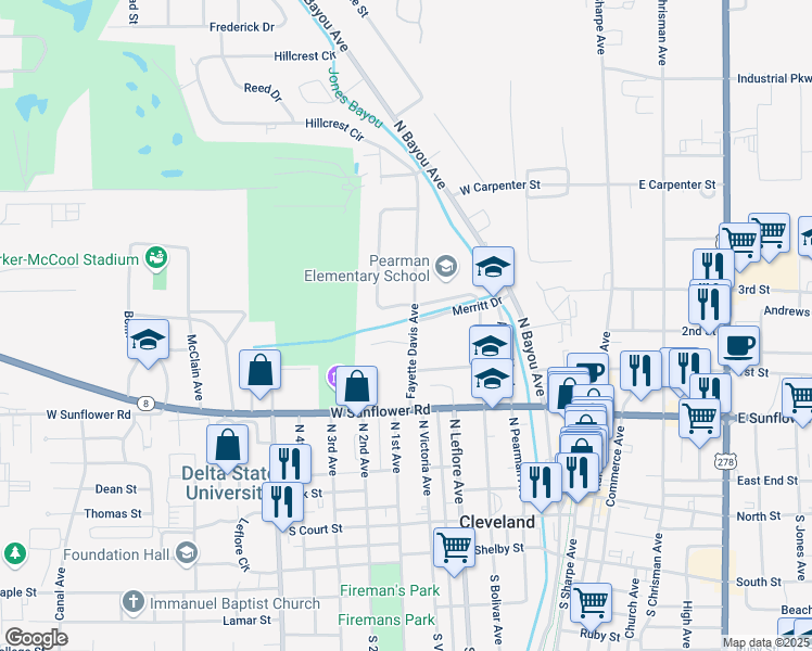 map of restaurants, bars, coffee shops, grocery stores, and more near 500-698 Johnson Dr in Cleveland