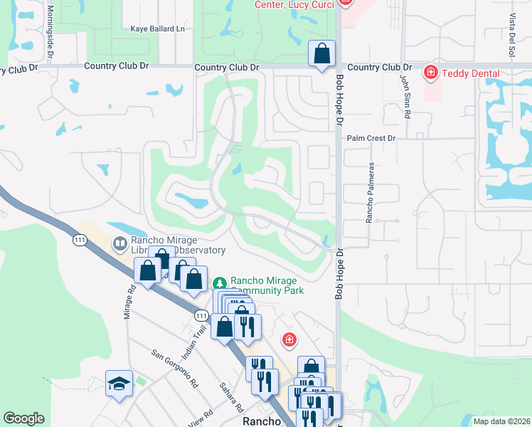 map of restaurants, bars, coffee shops, grocery stores, and more near 62 Sunrise Drive in Rancho Mirage
