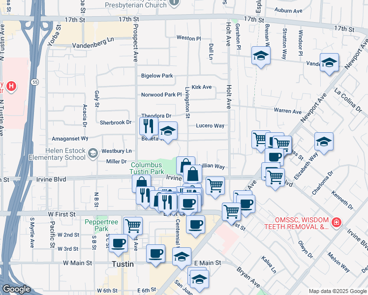 map of restaurants, bars, coffee shops, grocery stores, and more near 17952 Beneta Way in Tustin