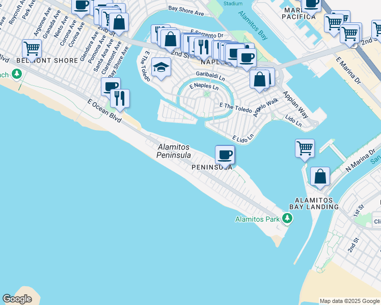 map of restaurants, bars, coffee shops, grocery stores, and more near 37 58th Place in Long Beach