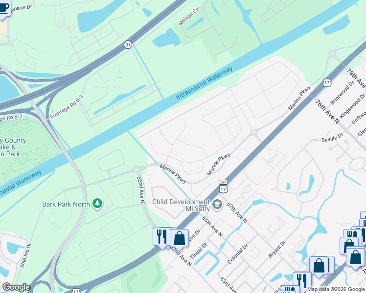 map of restaurants, bars, coffee shops, grocery stores, and more near 1257 Glarentza Street in Myrtle Beach