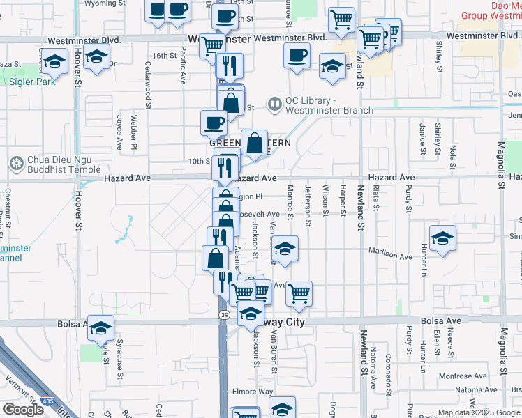 map of restaurants, bars, coffee shops, grocery stores, and more near 8125 Roosevelt Avenue in Midway City