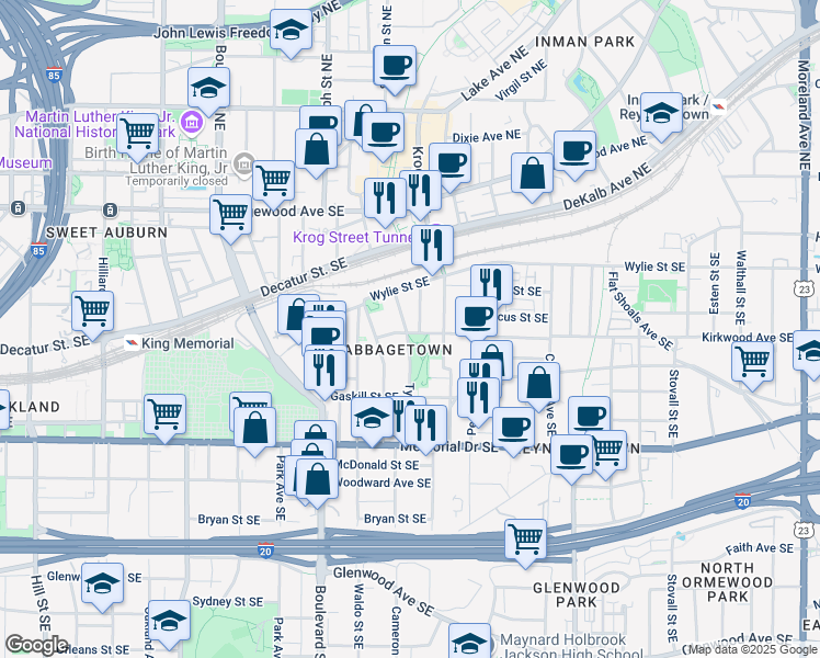 map of restaurants, bars, coffee shops, grocery stores, and more near 701 Kirkwood Avenue Southeast in Atlanta