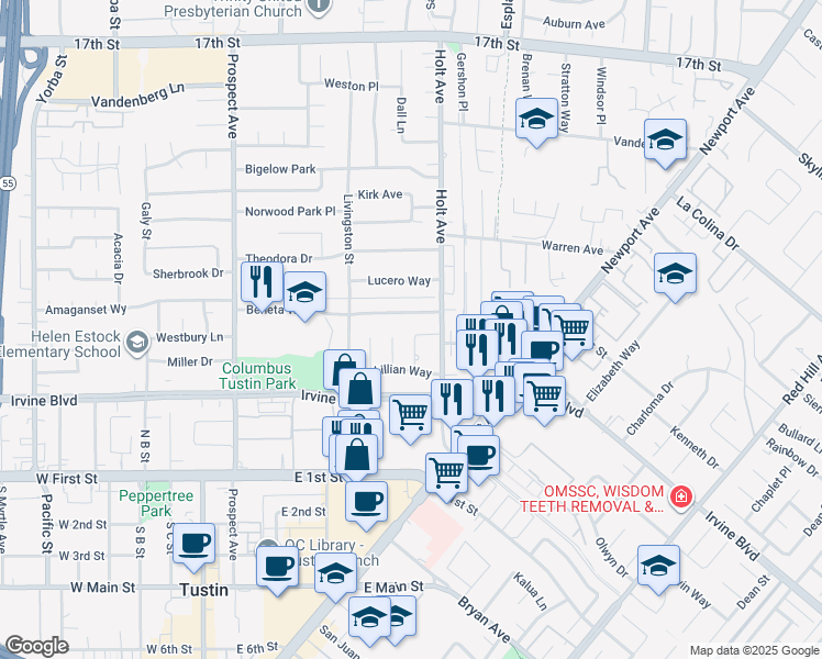 map of restaurants, bars, coffee shops, grocery stores, and more near 14691 Leon Place in Tustin