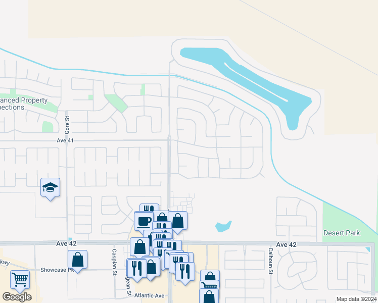 map of restaurants, bars, coffee shops, grocery stores, and more near 83094 Prairie Dunes Way in Indio