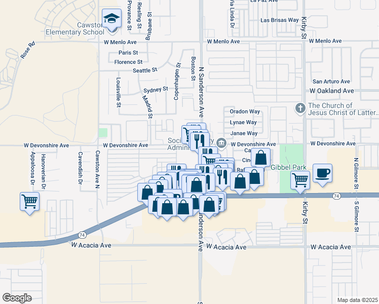 map of restaurants, bars, coffee shops, grocery stores, and more near 247 North Sanderson Avenue in Hemet
