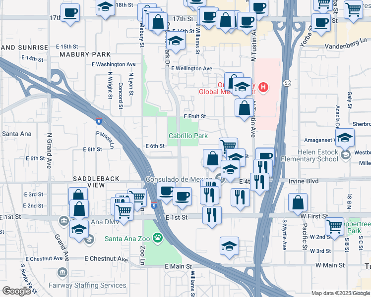 map of restaurants, bars, coffee shops, grocery stores, and more near 515 Cabrillo Park Drive in Santa Ana