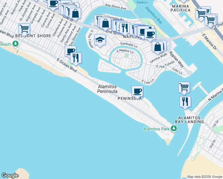 map of restaurants, bars, coffee shops, grocery stores, and more near 32 56th Place in Long Beach