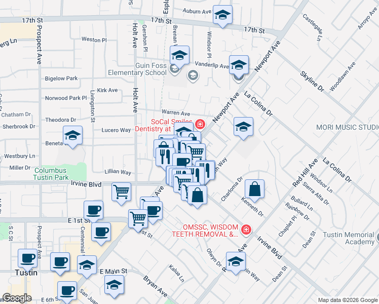 map of restaurants, bars, coffee shops, grocery stores, and more near 12932 Newport Avenue in Tustin