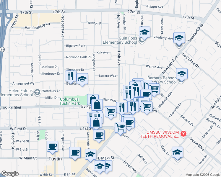map of restaurants, bars, coffee shops, grocery stores, and more near 14691 Leon Place in Tustin