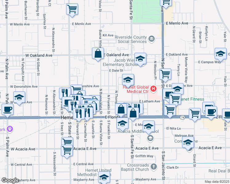 map of restaurants, bars, coffee shops, grocery stores, and more near 630 Calhoun Place in Hemet