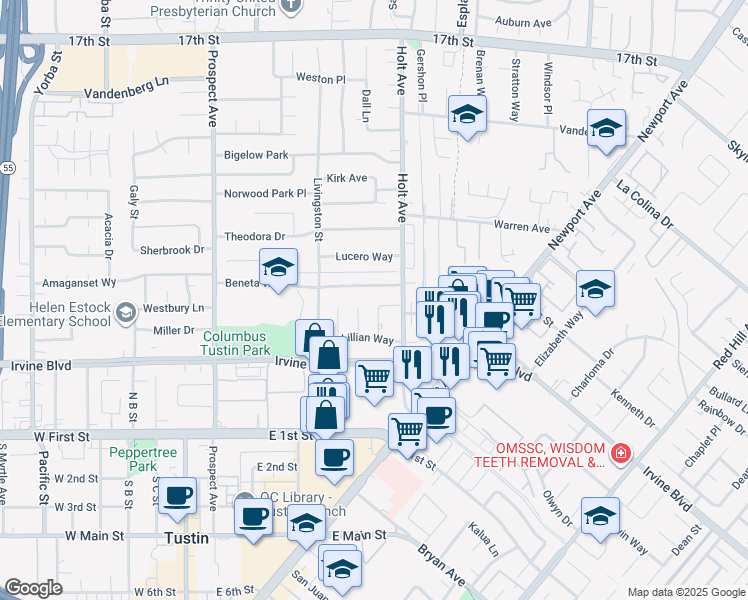 map of restaurants, bars, coffee shops, grocery stores, and more near 14691 Leon Place in Tustin
