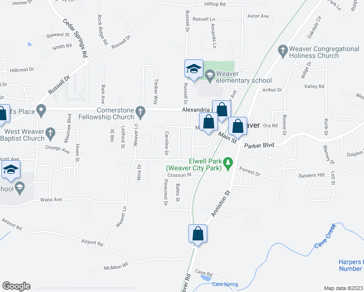 map of restaurants, bars, coffee shops, grocery stores, and more near 507 Mccullars Drive in Weaver