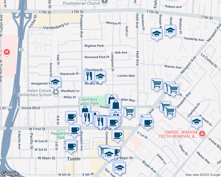 map of restaurants, bars, coffee shops, grocery stores, and more near 17952 Beneta Way in Tustin
