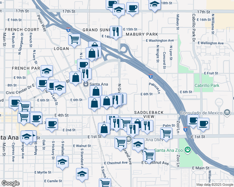 map of restaurants, bars, coffee shops, grocery stores, and more near 600 North Grand Avenue in Santa Ana