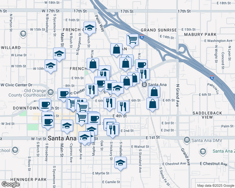 map of restaurants, bars, coffee shops, grocery stores, and more near 902 Brown Street in Santa Ana