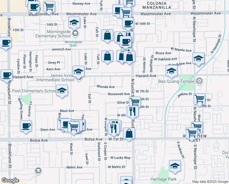 map of restaurants, bars, coffee shops, grocery stores, and more near 5412 Roosevelt Avenue in Santa Ana