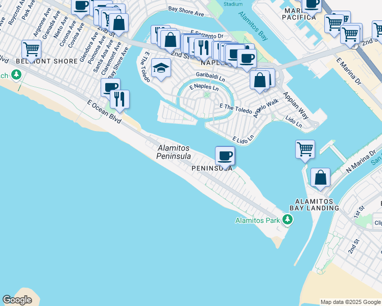 map of restaurants, bars, coffee shops, grocery stores, and more near 37 58th Place in Long Beach