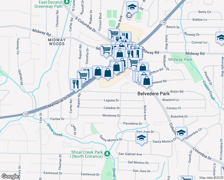 map of restaurants, bars, coffee shops, grocery stores, and more near 2923 Belvedere Lane in Decatur