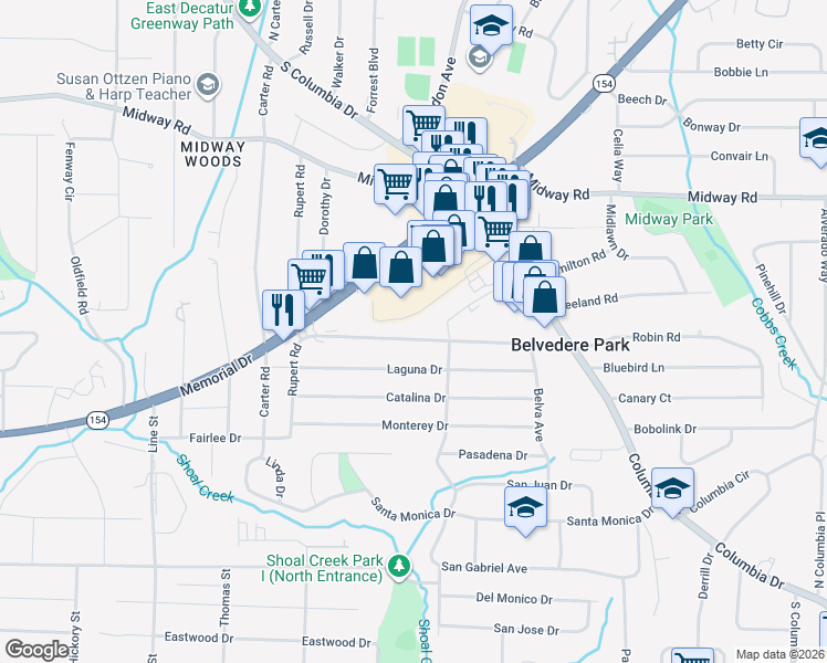 map of restaurants, bars, coffee shops, grocery stores, and more near 2923 Belvedere Lane in Decatur