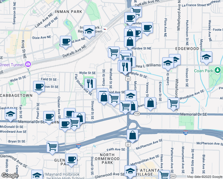 map of restaurants, bars, coffee shops, grocery stores, and more near 1084 Kirkwood Avenue Southeast in Atlanta