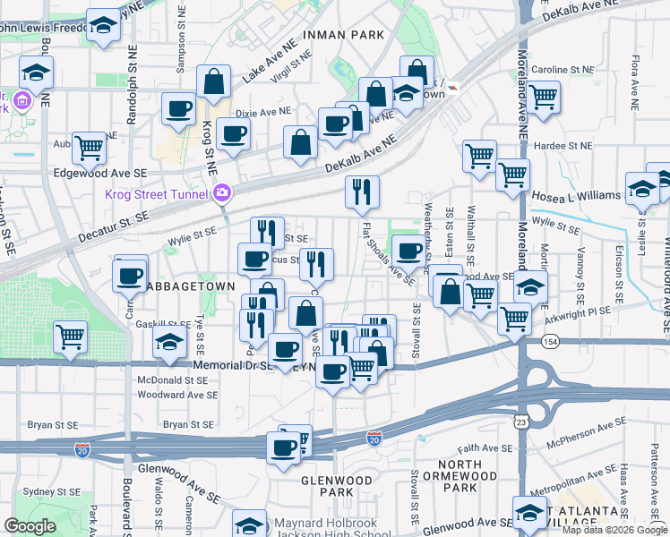 map of restaurants, bars, coffee shops, grocery stores, and more near 886 Kirkwood Avenue Southeast in Atlanta