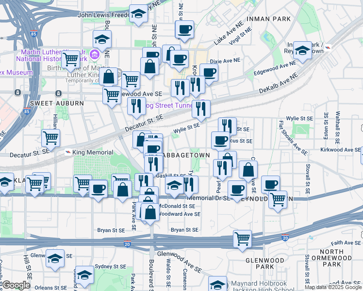 map of restaurants, bars, coffee shops, grocery stores, and more near 668 Kirkwood Avenue Southeast in Atlanta