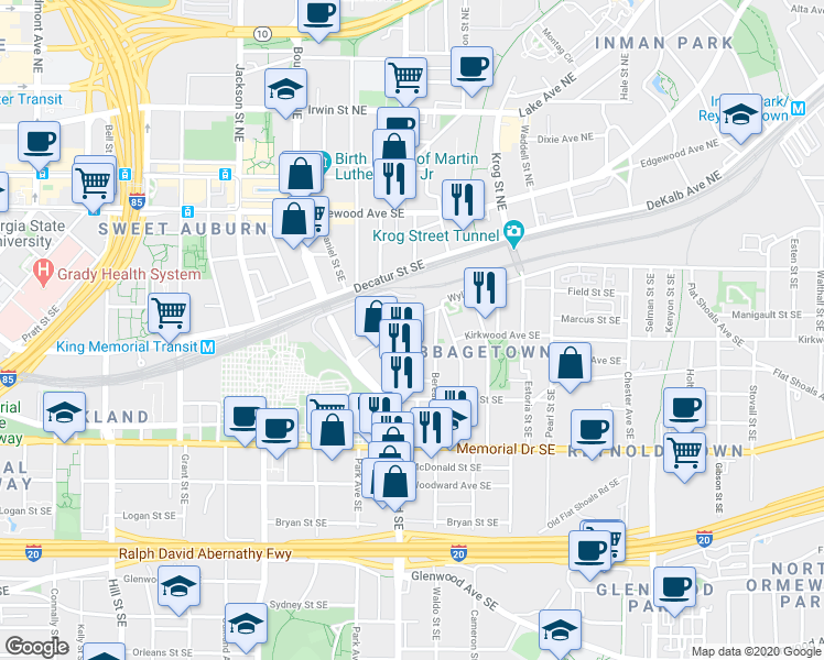 map of restaurants, bars, coffee shops, grocery stores, and more near 151 Savannah Street Southeast in Atlanta