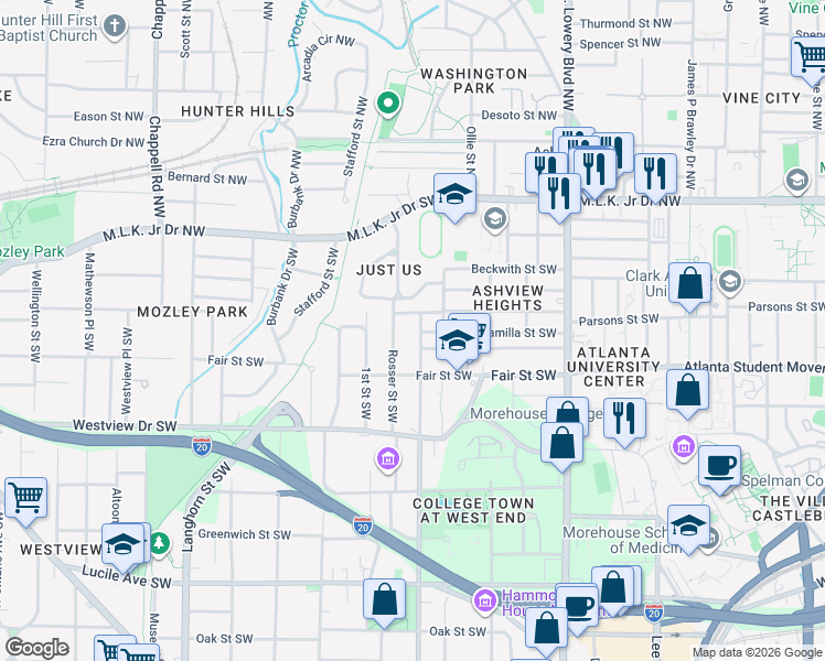 map of restaurants, bars, coffee shops, grocery stores, and more near 1077 Ashby Grove Southwest in Atlanta