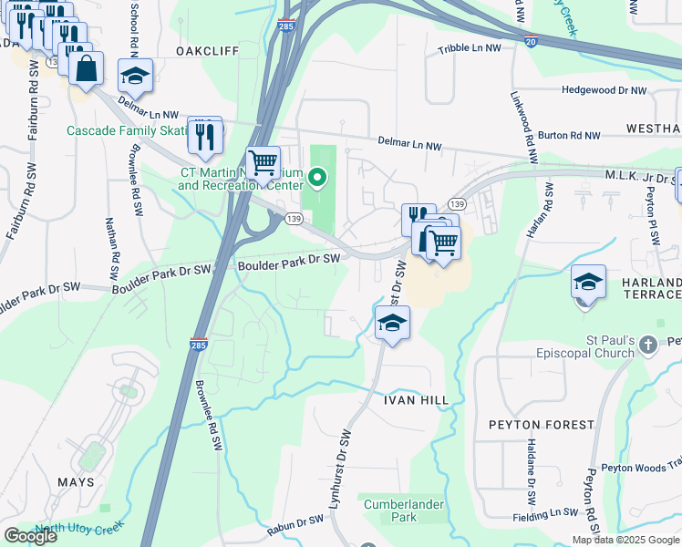 map of restaurants, bars, coffee shops, grocery stores, and more near 3152 Boulder Park Drive Southwest in Atlanta
