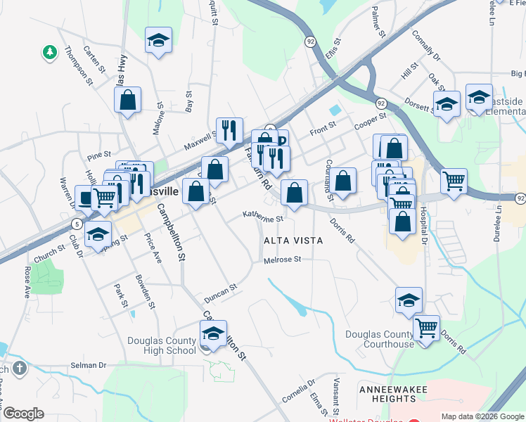 map of restaurants, bars, coffee shops, grocery stores, and more near 6419 Katherine Street in Douglasville