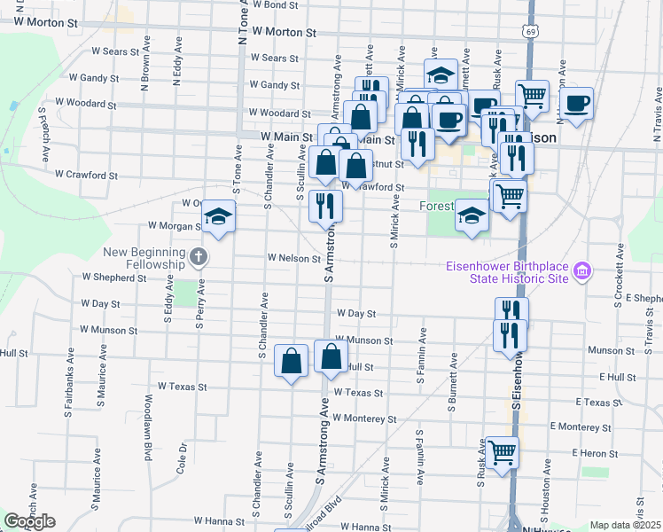 map of restaurants, bars, coffee shops, grocery stores, and more near 620 South Armstrong Avenue in Denison