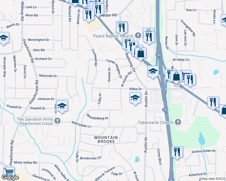 map of restaurants, bars, coffee shops, grocery stores, and more near 3693 Aldea Drive in Decatur